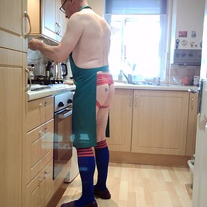 Cooking my meal in my new red Golberg jockstrap