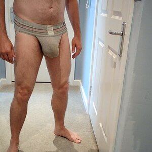 The front view of the filthy, grey GYM #2 jockstrap