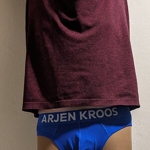 ARGEN KROOS blue Jockstrap no pants, wearing over pantyhose.