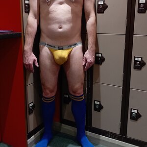 Front bulge in yellow Jock Mail swimmer