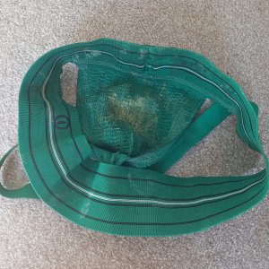 The crusty, cum filled pouch of the green Golberg #1 jockstrap