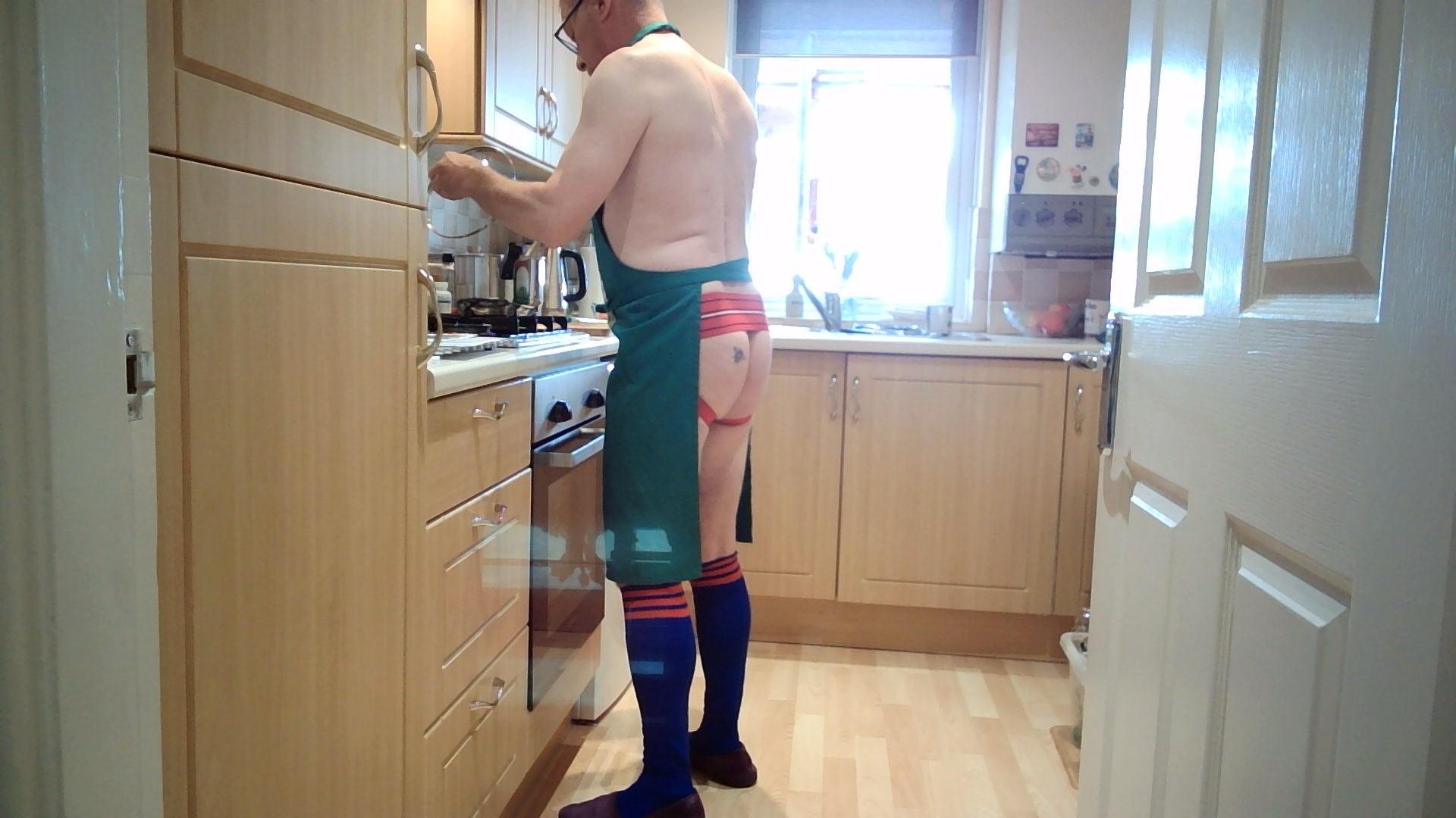 Cooking my meal in my new red Golberg jockstrap