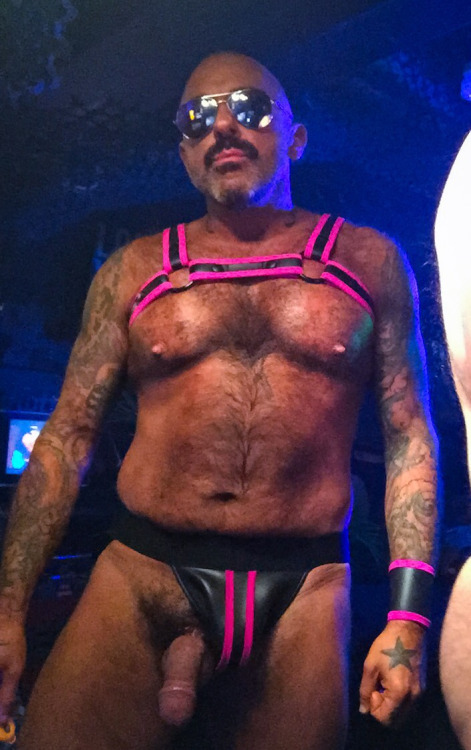 STINKYDONGER IN PINK & BLACK LEATHER HARNESS & JOCK WITH DONG HANGING OUT