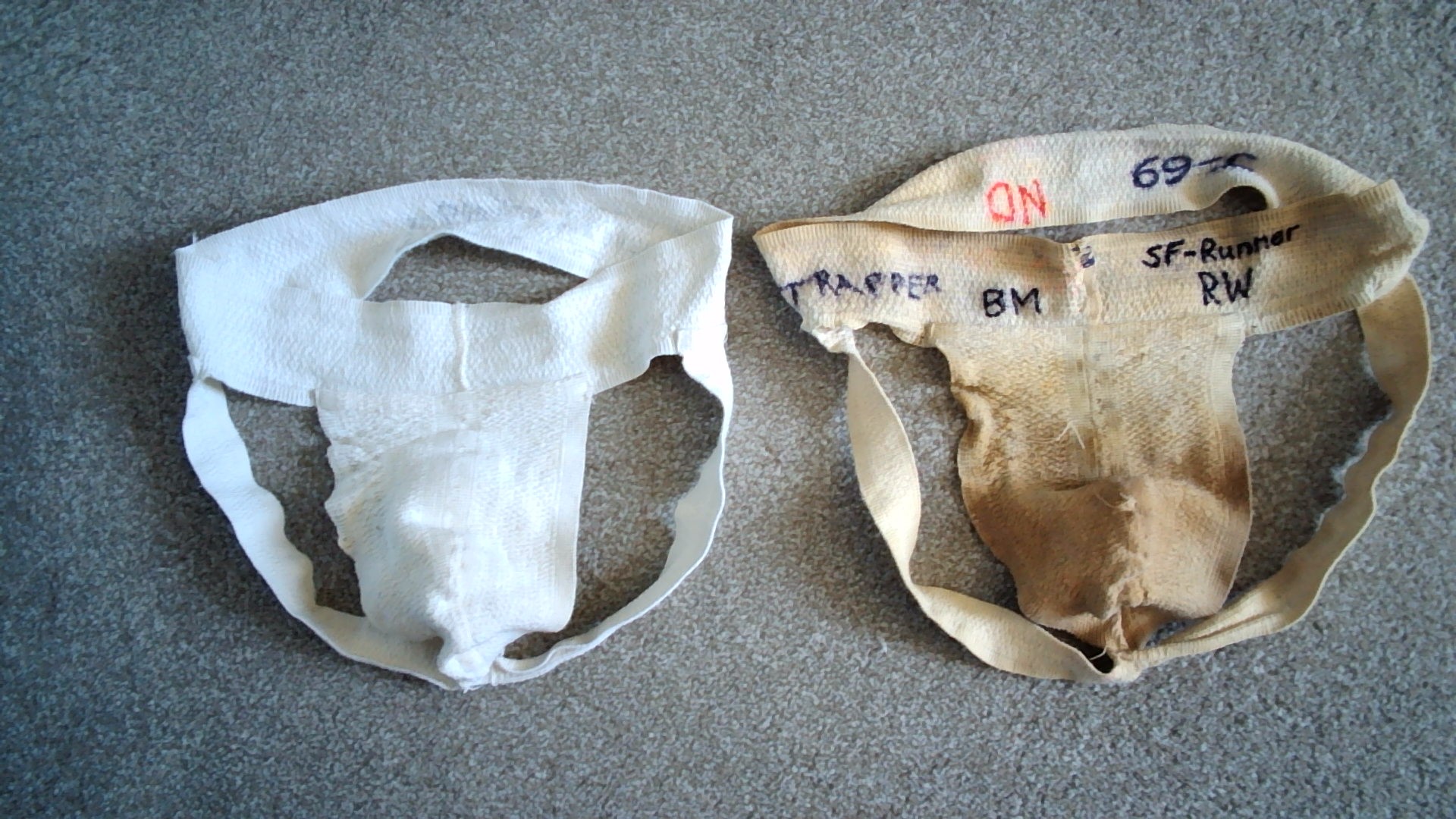 The contrast between the clean ex US Army jockstrap and the swapped item.