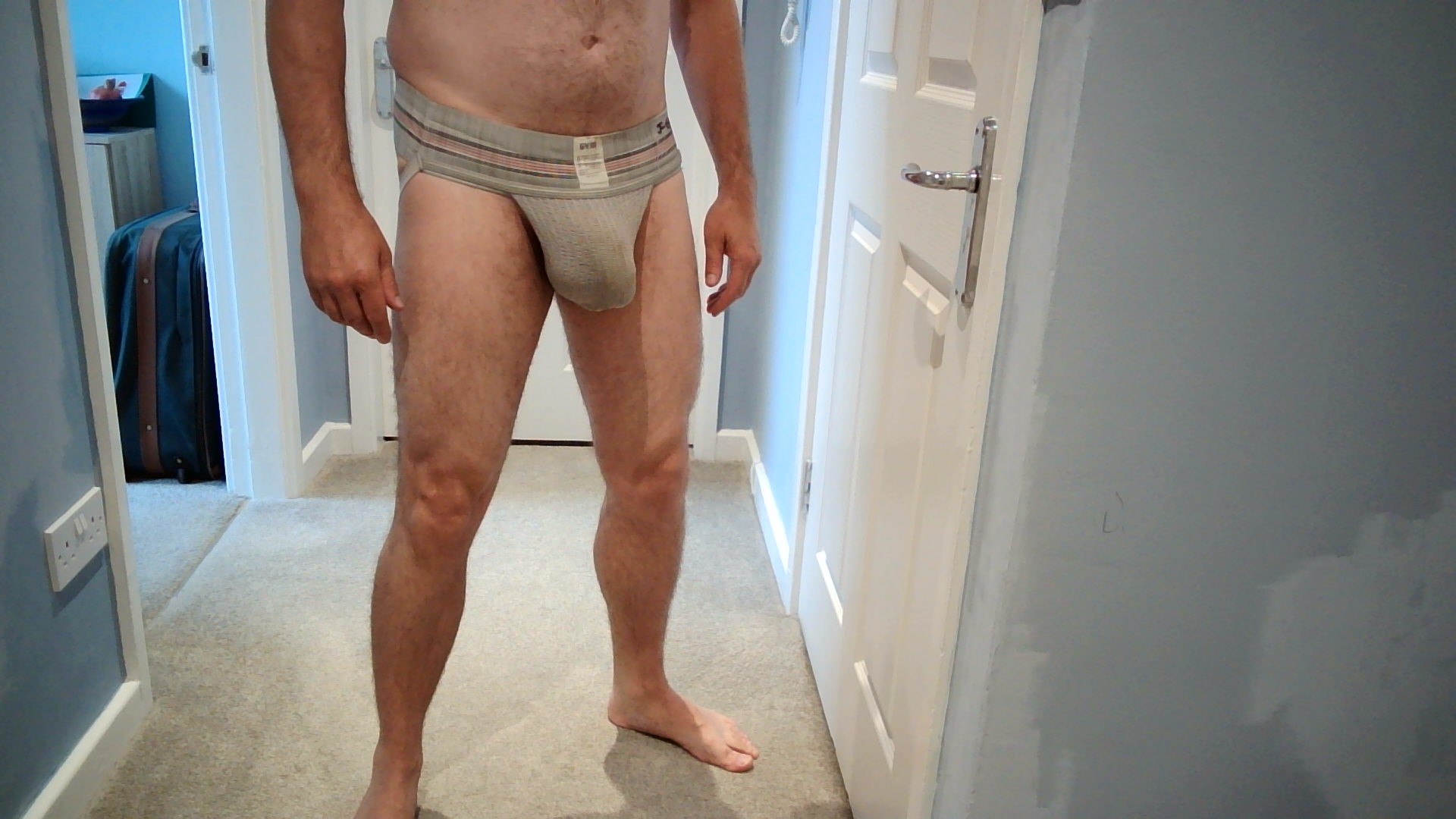 The front view of the filthy, grey GYM #2 jockstrap